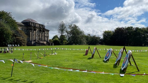 Archery board against the backdrop of Kedleston Hall